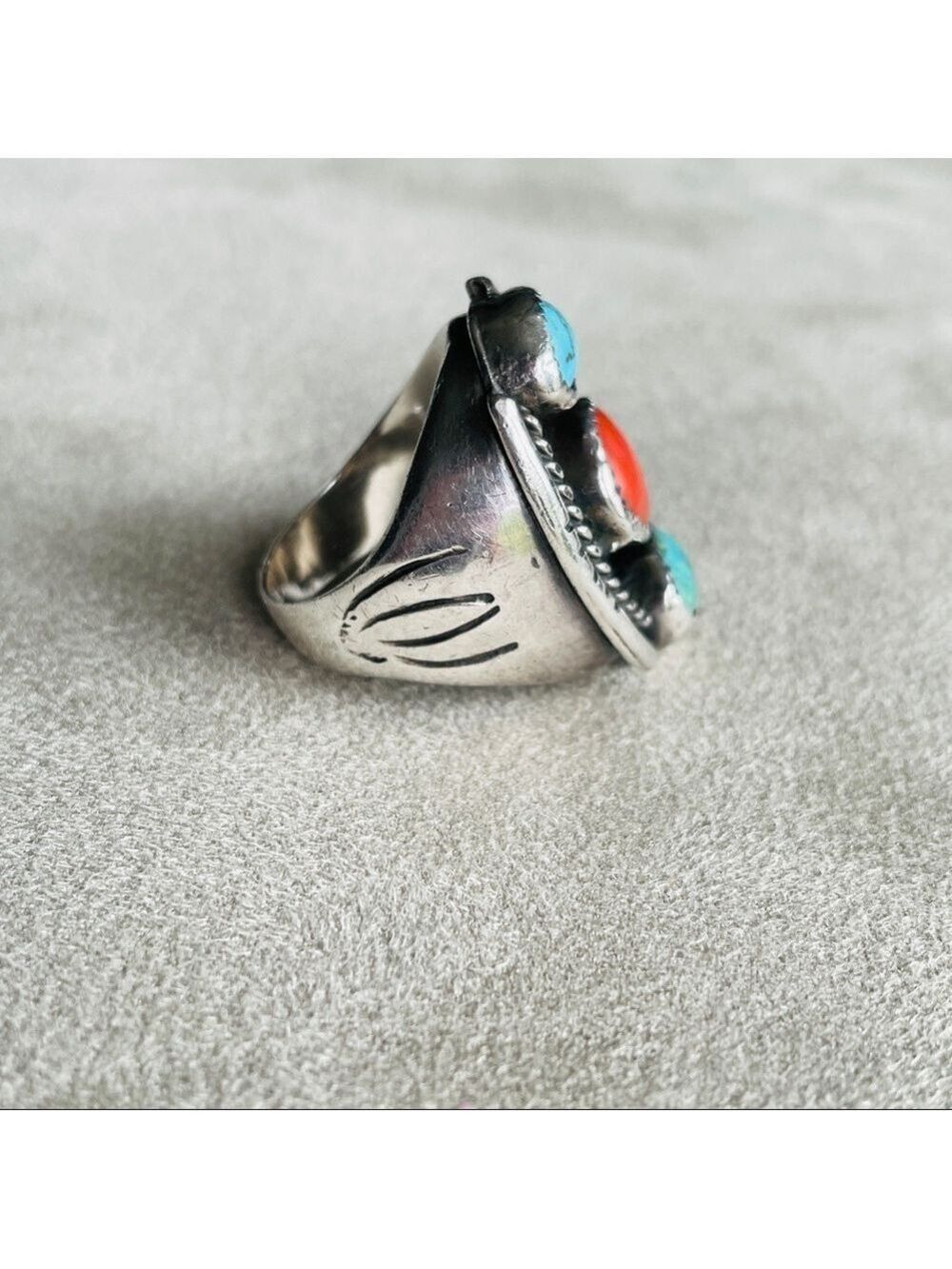 Native American Turquoise And Coral Sterling Silver Old Pawn Men’s HUGE … - Picture 3 of 8